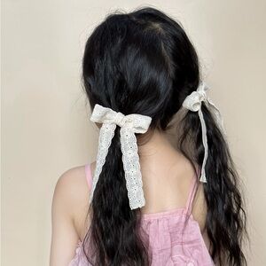 Elegant White Lace Hair Bows Clips, 2-Piece Lace Long Tail Clips